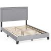 Furinno Laval Bed Frame, Full Size Bedframe with Button Double Row Nail Head Headboard, Upholstered Bed with Legs, 12pcs Wooden Slat Support, Easy Assembly, for Bedroom, Dorm, Light Grey