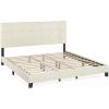 Furinno Laval Bed Frame, King Size Bedframe with Button Tufted Headboard, Upholstered Bed with Legs, 12pcs Wooden Slat Support, Easy Assembly, for Bedroom, Dorm, Light Linen