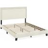Furinno Laval Bed Frame, Queen Size Bedframe with Button Double Row Nail Head Headboard, Upholstered Bed with Legs, 12pcs Wooden Slat Support, Easy Assembly, for Bedroom, Dorm, Light Linen