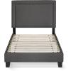 Furinno Laval Bed Frame, Twin Size Bedframe with Button Double Row Nail Head Headboard, Upholstered Bed with Legs, 12pcs Wooden Slat Support, Easy Assembly, for Bedroom, Dorm, Dark Grey