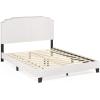 Furinno Nadia Bed Frame, Queen Size Bedframe with Nailhead Trim Headboard, Bed with Legs, 12pcs Wooden Slat Support, Easy Assembly, for Bedroom, Dorm, Beige