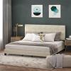 Furinno Laval Bed Frame, King Size Bedframe with Button Tufted Headboard, Upholstered Bed with Legs, 12pcs Wooden Slat Support, Easy Assembly, for Bedroom, Dorm, Light Linen