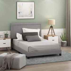 Furinno Laval Bed Frame, Full Size Bedframe with Button Double Row Nail Head Headboard, Upholstered Bed with Legs, 12pcs Wooden Slat Support, Easy Assembly, for Bedroom, Dorm, Light Grey