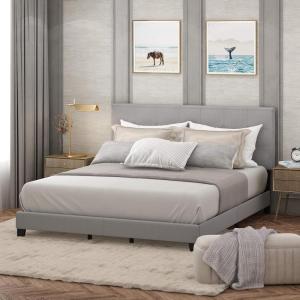 Furinno Laval Bed Frame, King Size Bedframe with Button Tufted Headboard, Upholstered Bed with Legs, 12pcs Wooden Slat Support, Easy Assembly, for Bedroom, Dorm, Light Grey(Light Grey)