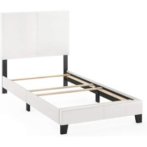Furinno Laval Bed Frame, King Size Bedframe with Button Tufted Headboard, Upholstered Bed with Legs, 12pcs Wooden Slat Support, Easy Assembly, for Bedroom, Dorm, Light Grey(Plain White)