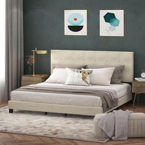 Furinno Laval Bed Frame, King Size Bedframe with Button Tufted Headboard, Upholstered Bed with Legs, 12pcs Wooden Slat Support, Easy Assembly, for Bedroom, Dorm, Light Linen