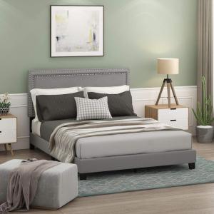 Furinno Laval Bed Frame, Queen Size Bedframe with Button Double Row Nail Head Headboard, Upholstered Bed with Legs, 12pcs Wooden Slat Support, Easy Assembly, for Bedroom, Dorm, Light Grey