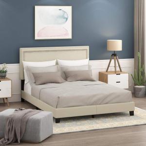 Furinno Laval Bed Frame, Queen Size Bedframe with Button Double Row Nail Head Headboard, Upholstered Bed with Legs, 12pcs Wooden Slat Support, Easy Assembly, for Bedroom, Dorm, Light Linen