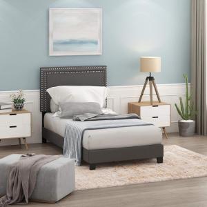 Furinno Laval Bed Frame, Twin Size Bedframe with Button Double Row Nail Head Headboard, Upholstered Bed with Legs, 12pcs Wooden Slat Support, Easy Assembly, for Bedroom, Dorm, Dark Grey
