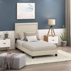 Furinno Laval Bed Frame, Twin Size Bedframe with Button Tufted Headboard, Upholstered Bed with Legs, 12pcs Wooden Slat Support, Easy Assembly, for Bedroom, Dorm, Light Linen