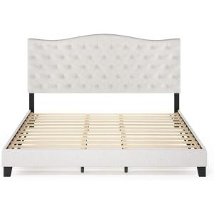 Furinno Lille Bed Frame, King Size Bedframe with Button Tufted Headboard, Bed with Legs, 12pcs Wooden Slat Support, Easy Assembly, for Bedroom, Dorm, Light Beige