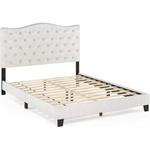 Furinno Lille Button Tufted Bed Frame, Twin, Beige(Button Tufted  Queen)