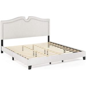 Furinno Lille Button Tufted Bed Frame, Twin, Beige(Curve  King)