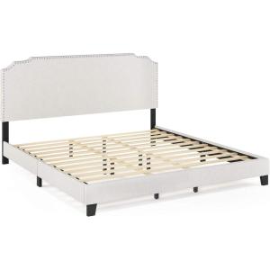 Furinno Lille Button Tufted Bed Frame, Twin, Beige(Nailhead Trim  King)