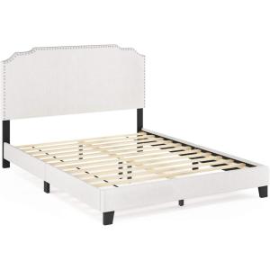 Furinno Lille Button Tufted Bed Frame, Twin, Beige(Nailhead Trim  Queen)