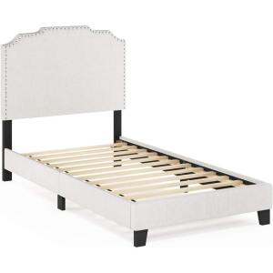 Furinno Lille Button Tufted Bed Frame, Twin, Beige(Nailhead Trim  Twin)