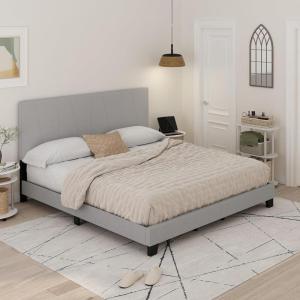 Furinno Lucy Bed Frame, King Size Bedframe with Geometric Design Upholstered Headboard, Bed with Adjustable Headboard, No Box Spring Needed, 12pcs Wooden Slat Support, for Bedroom, Dorm, Light Grey