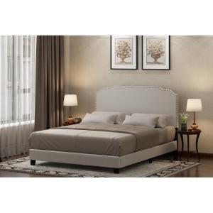 Furinno Nadia Bed Frame, Twin Size Bedframe with Nailhead Trim Headboard, Bed with Legs, 12pcs Wooden Slat Support, Easy Assembly, for Bedroom, Dorm, Beige