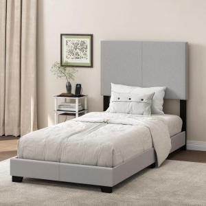 Furinno PESSAC Bed Frame, Twin XL Size Bedframe with Fabric Upholstered Headboard, Bed with Legs, Wooden Slat Support, Easy Assembly, for Bedroom, Dorm, Light Grey