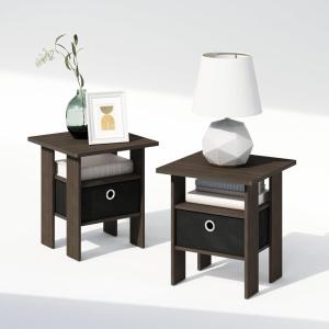 Furinno Turn-N-Tube Tall Nightstand with Bin, 2-Pack, Plastic Poles, French Oak/Black/Black(Dark Brown/Black)
