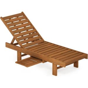 Furinno Tioman Outdoor Hardwood Patio Furniture Sun Lounger with Tray in Teak Oil, Natural 23.52D x 70W x 12H in(21.6 D x 59.5 W x 11.3 H in)
