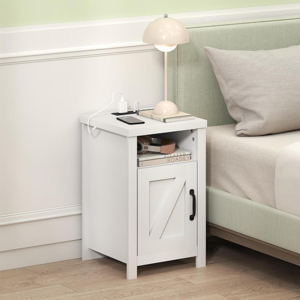imageFurinno Farmhouse Nightstand with Charging Station Bedside Table Side Table End Table with Door USB Ports and Outlets for Bedroom Living Room Amber PineWhite