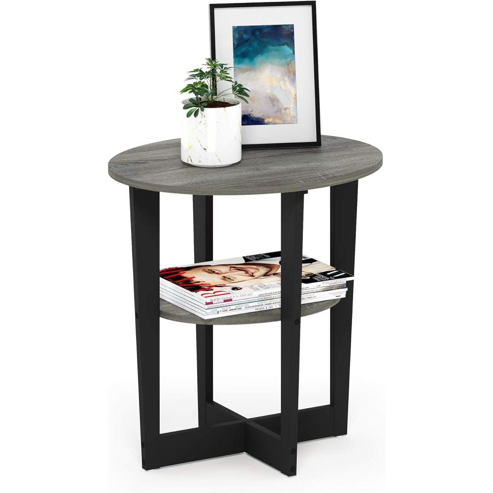 imageFurinno JAYA Side Table Set of 2 2Tier Round End Table with Oval Tabletop Night Stand Bedside Table with Open Shelf for Living Room Bedroom WalnutFrench OakBlack