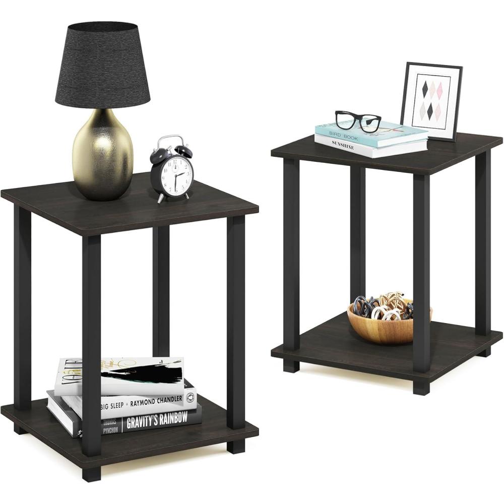 imageFurinno SIMPLISTIC Side Table Set of 2 2Tier Square Modern End Table Nightstand Night Stand Bedside Table Toolless Assembly for Living Room Bedroom AmericanoEspressoBlack