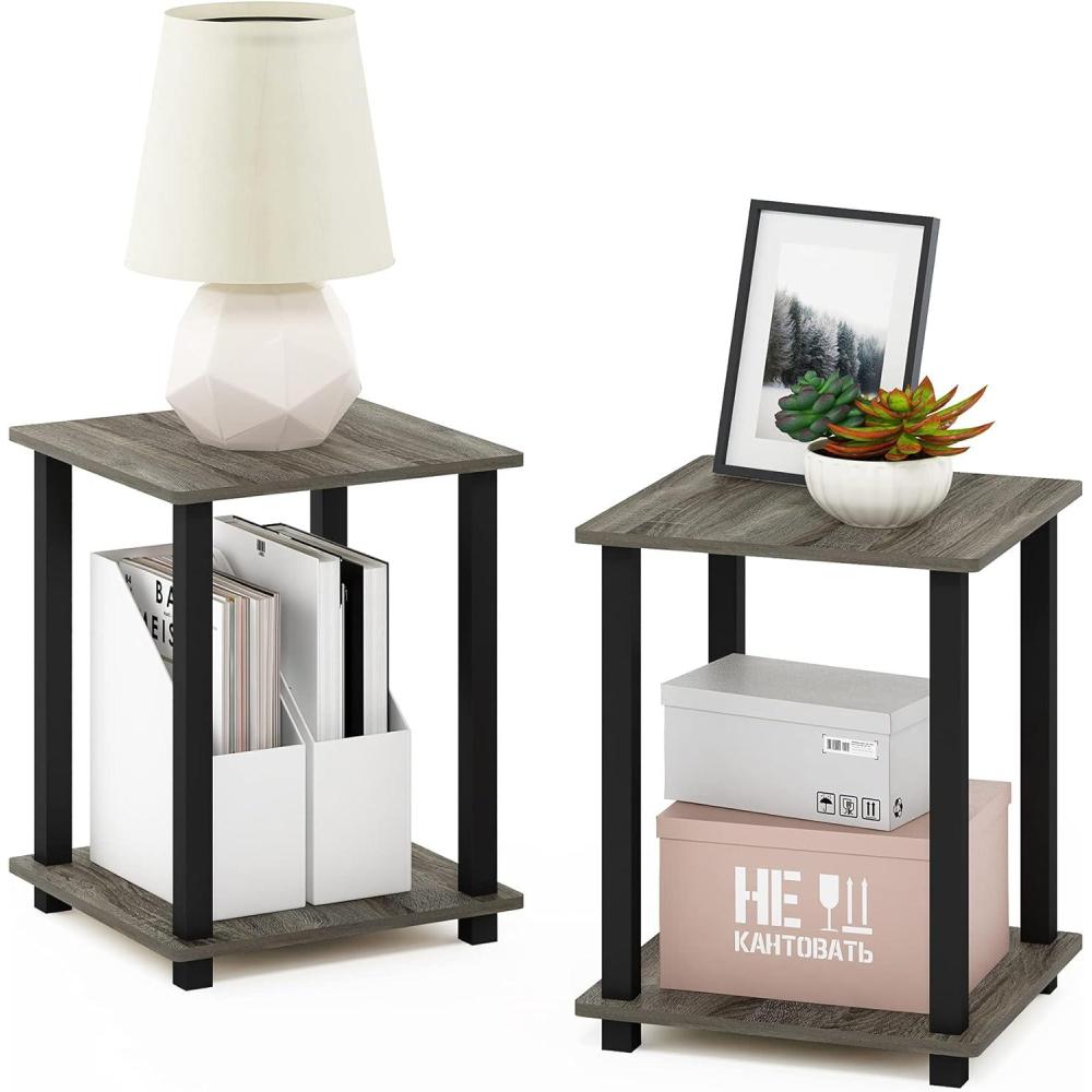 imageFurinno SIMPLISTIC Side Table Set of 2 2Tier Square Modern End Table Nightstand Night Stand Bedside Table Toolless Assembly for Living Room Bedroom AmericanoFrench OakBlack