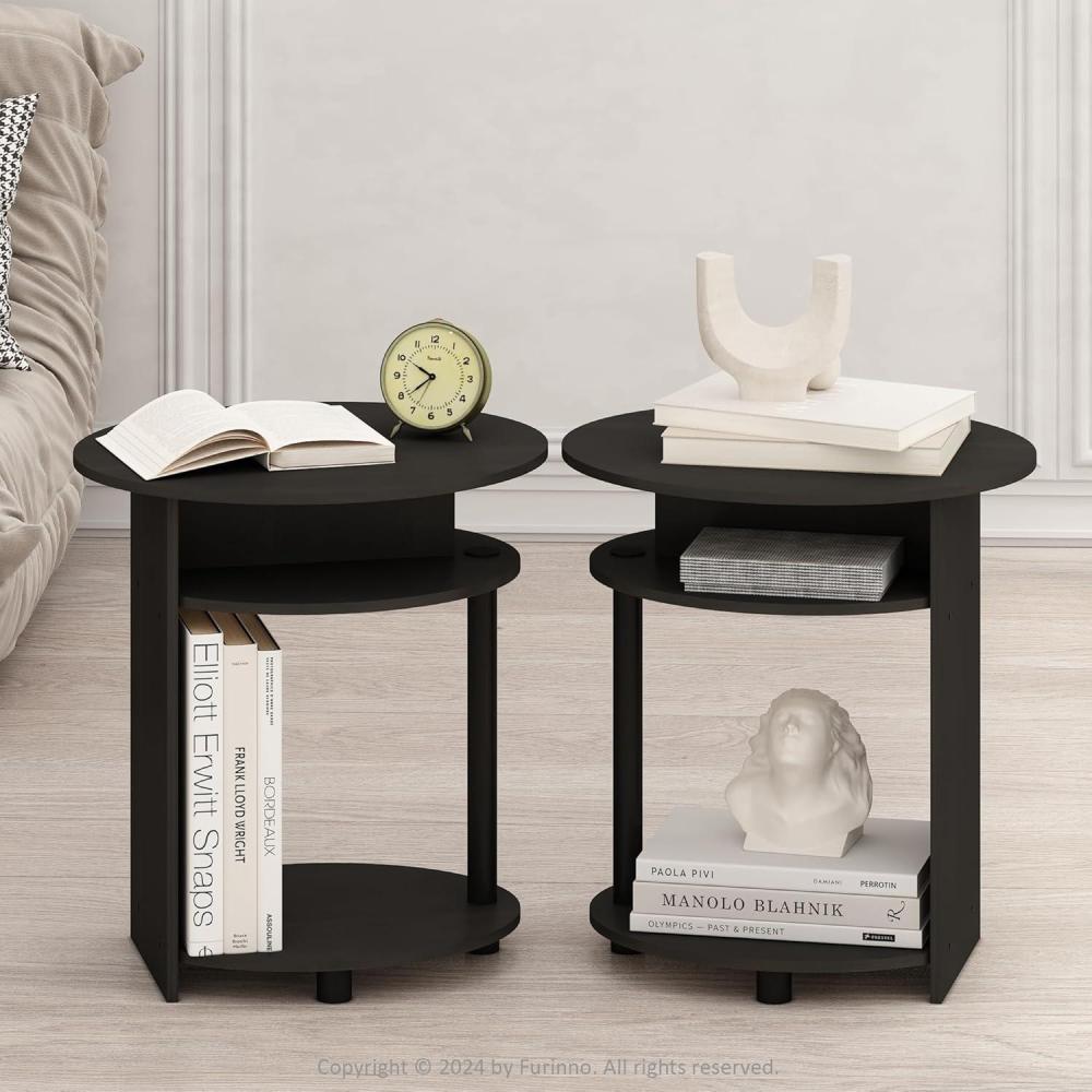 imageFurinno TIDUR Night Stand Set of 2 2Tier Oval Nightstand with Round Edge Tabletop Open Shelf Bedside Table End Table Side Table for Bedroom Living Room WalnutWalnut