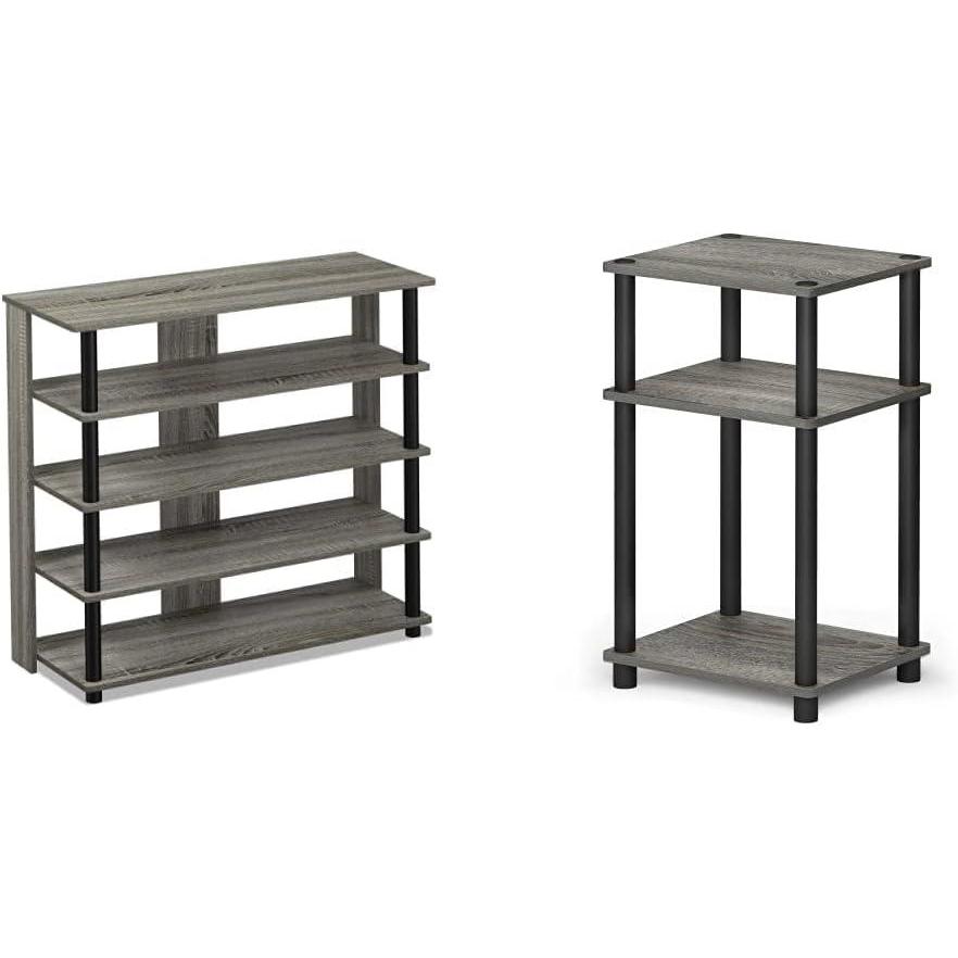 imageFurinno TurnNTube 5 Tier Wide Shoe Rack French Oak GreyBlack amp Just 3Tier TurnNTube End TableSide TableNight StandBedside Table with Plastic Poles 1Pack French Oak GreyBlack