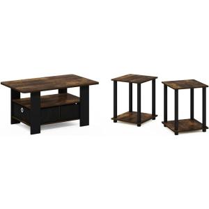 Furinno Andrey Coffee Table with Bin Drawer, Amber Pine/Black Small Non-Lift Top Simplistic Set of 2 End Table, 2-Pack, Amber Pine/Black