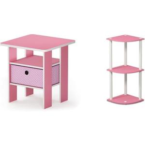Furinno Andrey End Table/Side Table/Night Stand/Bedside Table with Bin Drawer, Pink/Light Pink & Turn-N-Tube 3-Tier Reversible Corner Display Rack Multipurpose Shelving Unit, Pink/White