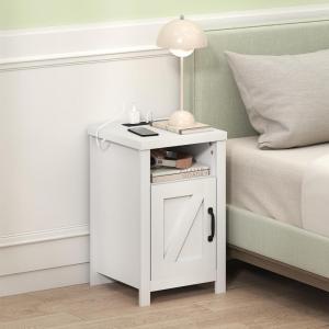 Furinno Farmhouse Nightstand with Charging Station, Bedside Table, Side Table, End Table with Door, USB Ports and Outlets, for Bedroom, Living Room, Amber Pine(White)