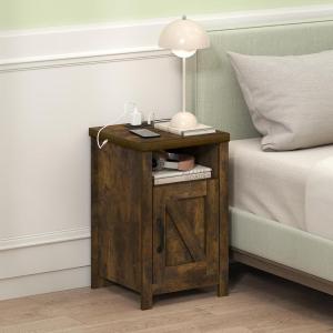 Furinno Farmhouse Nightstand with Charging Station, Bedside Table, Side Table, End Table with Door, USB Ports and Outlets, for Bedroom, Living Room, Amber Pine(Amber Pine)