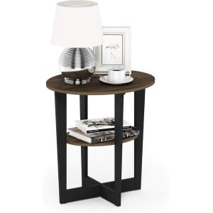 Furinno JAYA Side Table Set of 2, 2-Tier Round End Table with Oval Tabletop, Night Stand, Bedside Table with Open Shelf, for Living Room, Bedroom, Walnut(Columbia Walnut/Black)