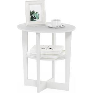 Furinno JAYA Side Table Set of 2, 2-Tier Round End Table with Oval Tabletop, Night Stand, Bedside Table with Open Shelf, for Living Room, Bedroom, Walnut(White)