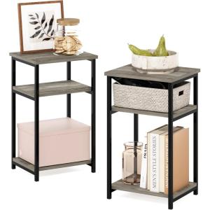 Furinno JUST Side Table, 3-Tier Turn-N-Tube End Table with Open Shelf, Round Curve Corner Night Stand, Bedside Table, Easy Assembly, for Living Room, Bedroom, White(Grey Oak)