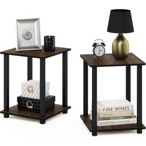 Furinno SIMPLISTIC Side Table Set of 2, 2-Tier Square Modern End Table, Nightstand, Night Stand, Bedside Table, Toolless Assembly, for Living Room, Bedroom, Americano(Columbia Walnut/Black)