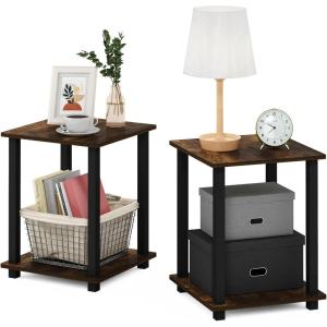Furinno SIMPLISTIC Side Table Set of 2, 2-Tier Square Modern End Table, Nightstand, Night Stand, Bedside Table, Toolless Assembly, for Living Room, Bedroom, Americano(Amber Pine/Black)