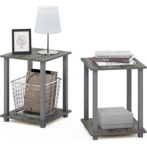 Furinno SIMPLISTIC Side Table Set of 2, 2-Tier Square Modern End Table, Nightstand, Night Stand, Bedside Table, Toolless Assembly, for Living Room, Bedroom, Americano(French Oak/Grey)
