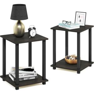 Furinno SIMPLISTIC Side Table Set of 2, 2-Tier Square Modern End Table, Nightstand, Night Stand, Bedside Table, Toolless Assembly, for Living Room, Bedroom, Americano(Espresso/Black)