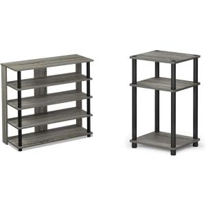 Furinno Turn-N-Tube 5 Tier Wide Shoe Rack, French Oak Grey/Black & Just 3-Tier Turn-N-Tube End Table/Side Table/Night Stand/Bedside Table with Plastic Poles, 1-Pack, French Oak Grey/Black