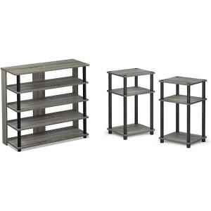 Furinno Turn-N-Tube 5 Tier Wide Shoe Rack, French Oak Grey/Black & Just 3-Tier Turn-N-Tube End Table/Side Table/Night Stand/Bedside Table with Plastic Poles, 2-Pack, French Oak Grey/Black