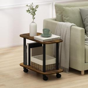 Furinno Turn-N-Tube Side Table, 2-Tier Oval Sofa End Table with Wheels, Round Corner Night Stand, Bedside Table with Open Shelf, Toolless Assembly, for Living Room, Bedroom, Amber Oak(Amber Oak/Black)
