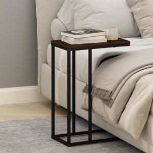 Furinno Turn-N-Tube Side Table, 2-Tier Oval Sofa End Table with Wheels, Round Corner Night Stand, Bedside Table with Open Shelf, Toolless Assembly, for Living Room, Bedroom, Amber Oak(Columbia Walnut)