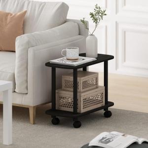 Furinno Turn-N-Tube Side Table, 2-Tier Oval Sofa End Table with Wheels, Round Corner Night Stand, Bedside Table with Open Shelf, Toolless Assembly, for Living Room, Bedroom, Amber Oak(Dark Espresso/Black)