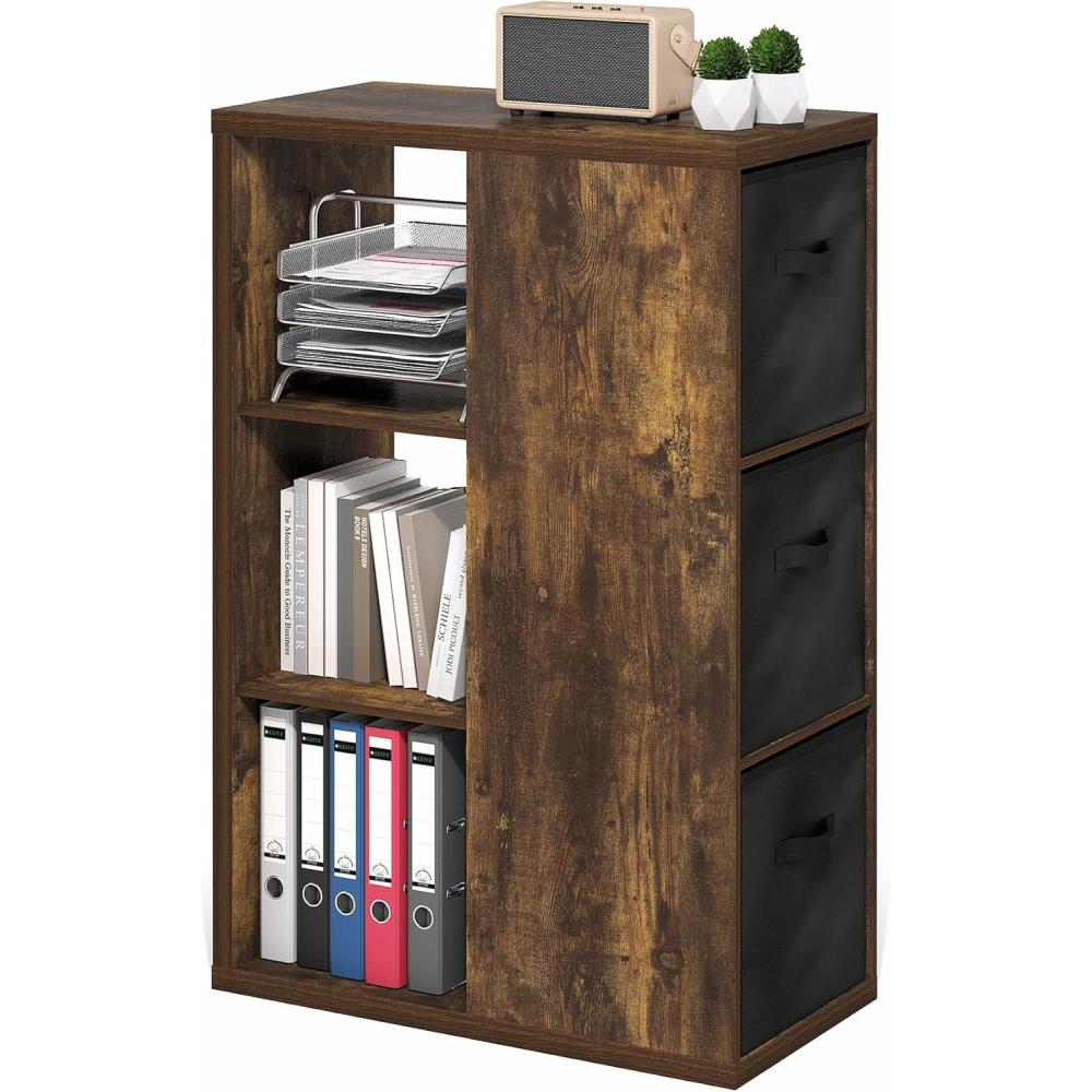 imageFurinno Pasir 3Tier Shelf with 3 DoorRound Handle Light CherryAmber Pine