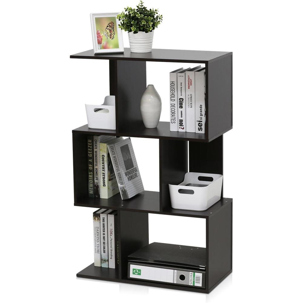 imageFurinno SIMPLY Book Shelf 3Tier Geometric Bookshelf SShape Bookcase with Open Shelf 118 x 236 x 373 for Organization and Storage for Living Reoom Bedroom Home Office Espresso