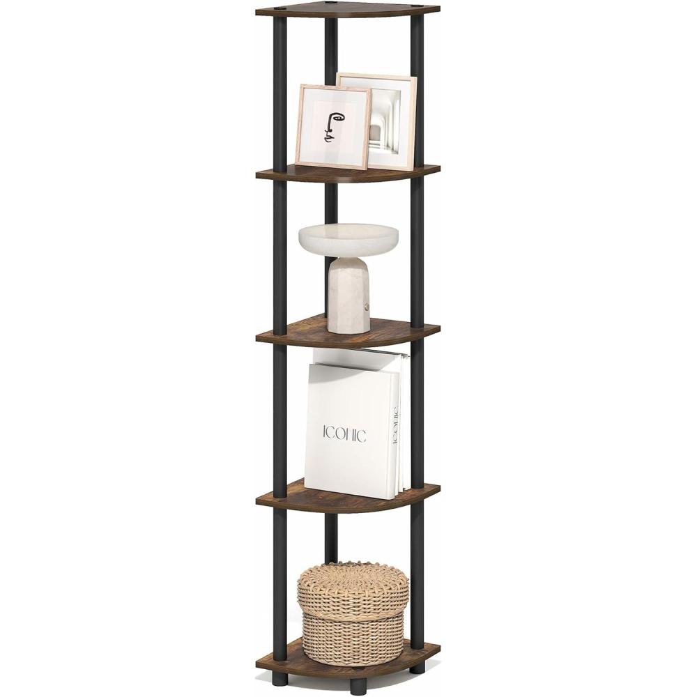 imageFurinno TURNNTUBE Corner Shelf 5Tier Corner Bookshelf Open Storage Shelves for Organization and Storage Living Room Home Office Garage Bedroom BlackAmber OakBlack